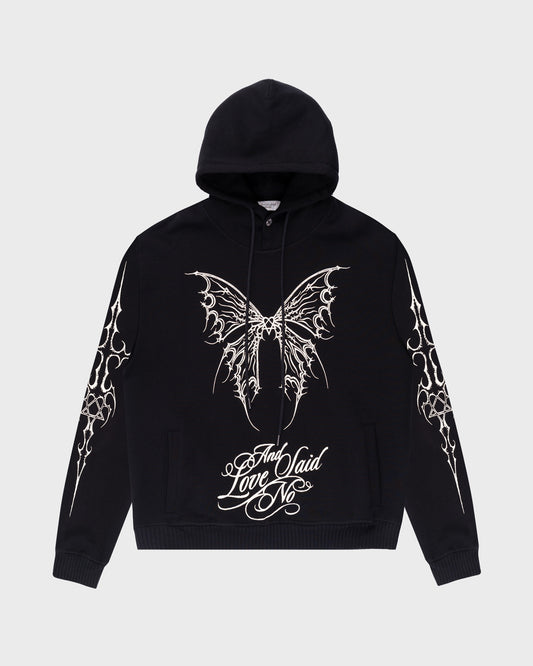 Tattoo All-Over Print Hoodie in Black. Front Angle.