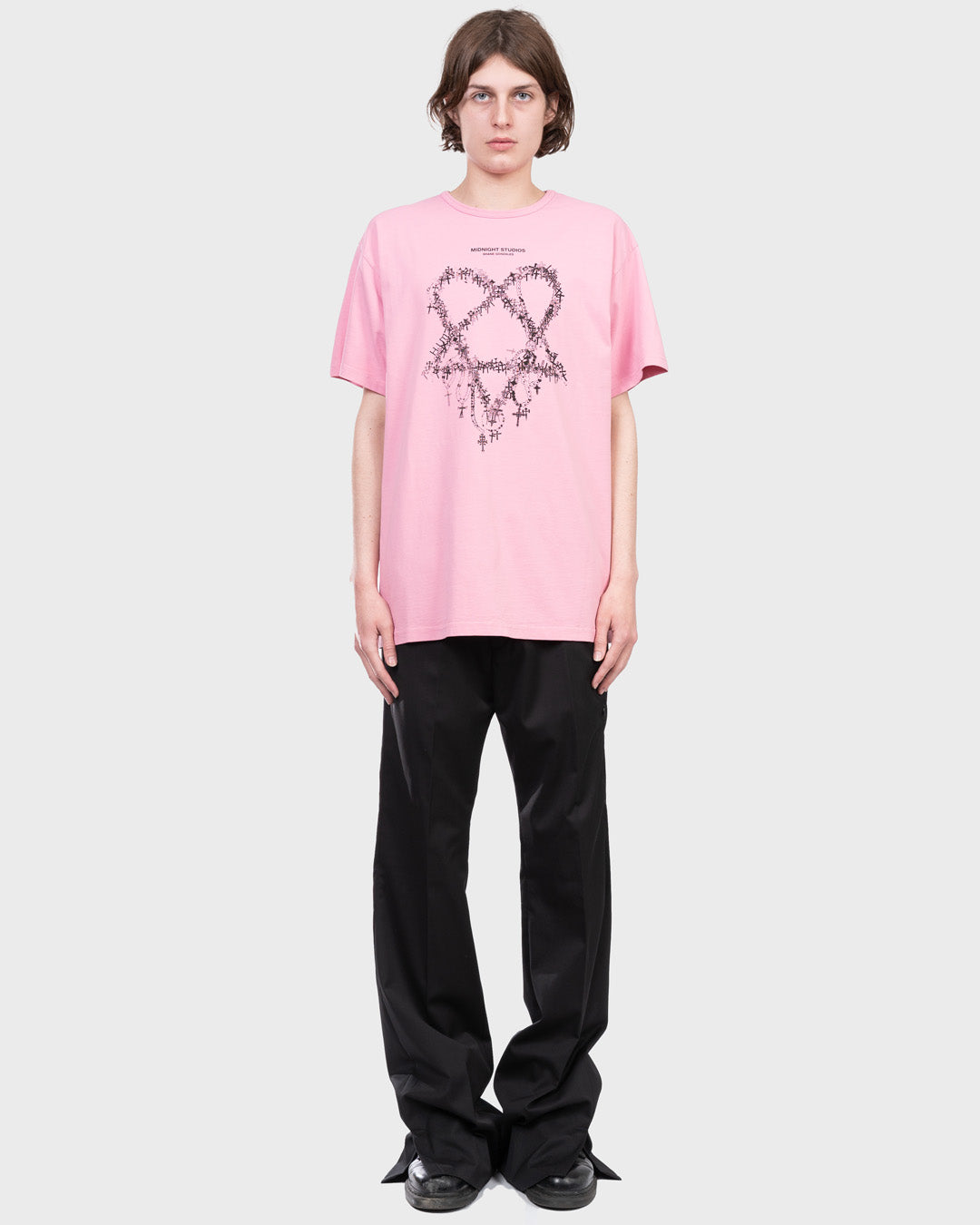 Heartagram Cross T-Shirt in Ballet. Front angle.