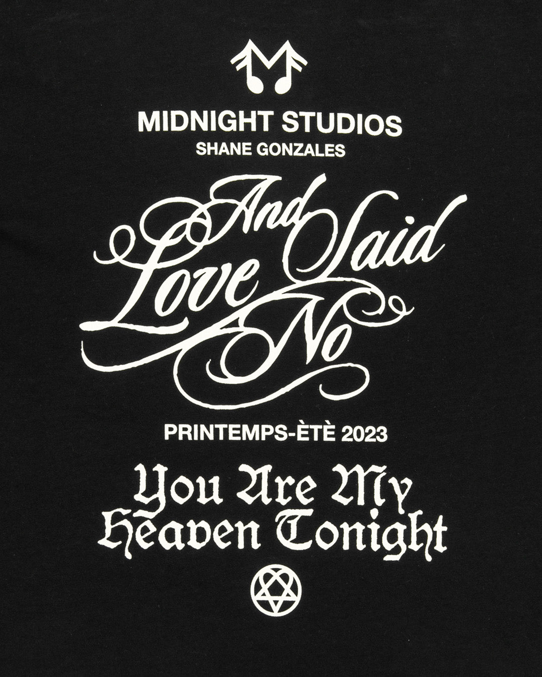 Heaven Tonight T-Shirt in Black. Front Detail Shot.