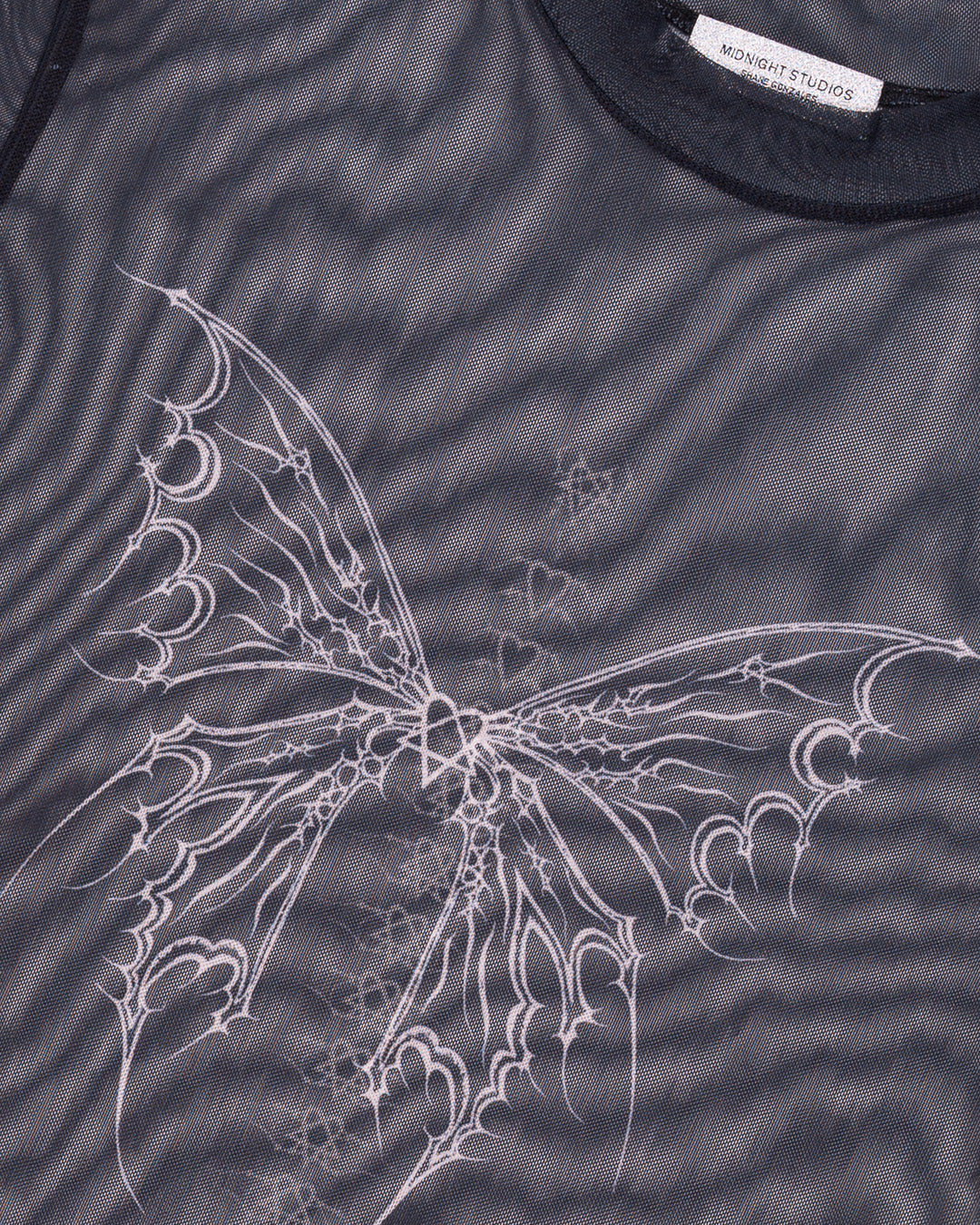 Tattoo Mesh Shirt in Black. Front detail shot.