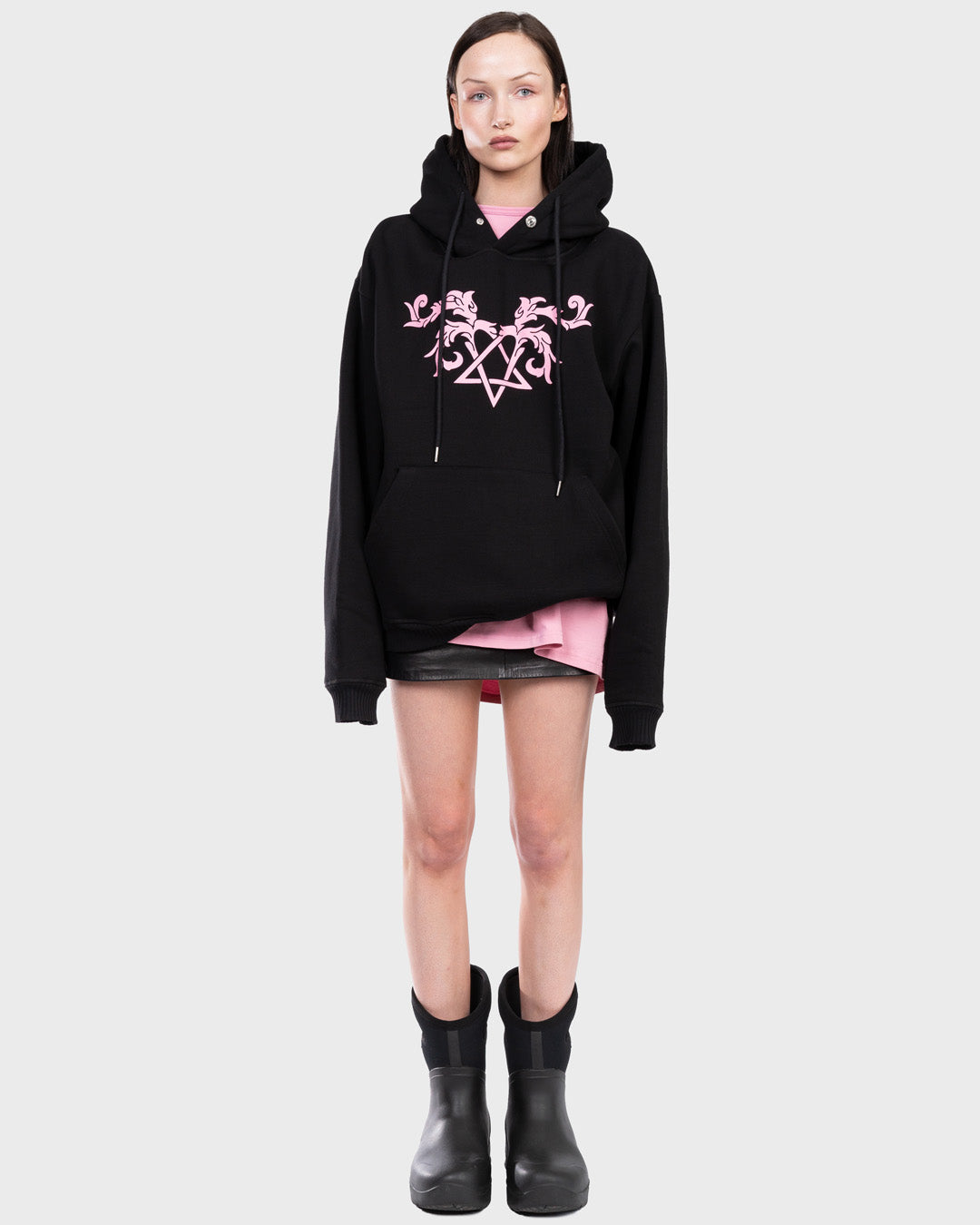 Heartagram Printemps Hoodie in Black. Front Angle.