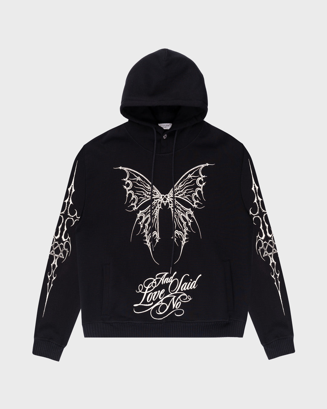 Tattoo All-Over Print Hoodie in Black. Front Angle.