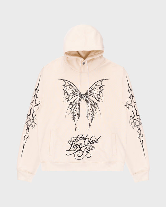 Tattoo All-Over Print Hoodie in Pearl. Front Angle.