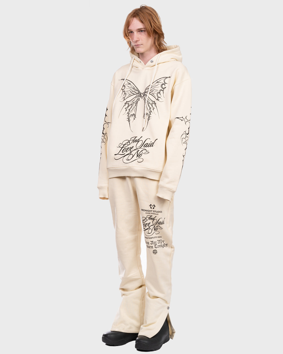 Tattoo All-Over Print Hoodie in Pearl. Side Angle.