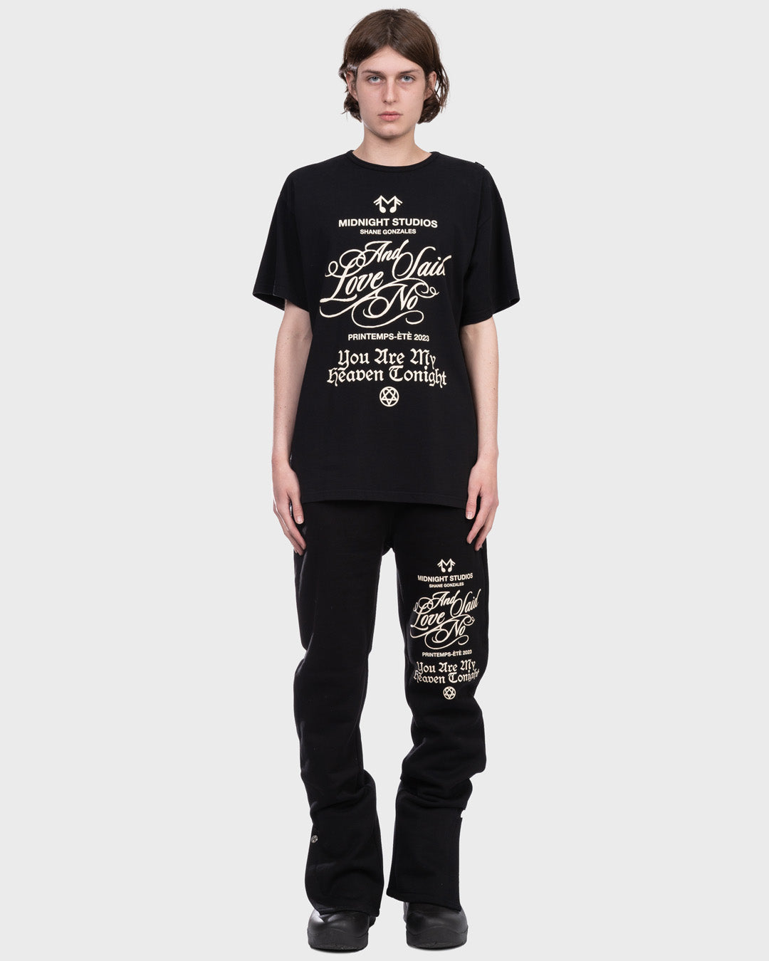 Heaven Tonight T-Shirt in Black. Front Angle.