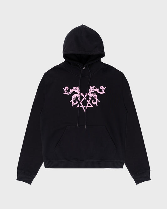 Heartagram Printemps Hoodie in Black. Front Angle.