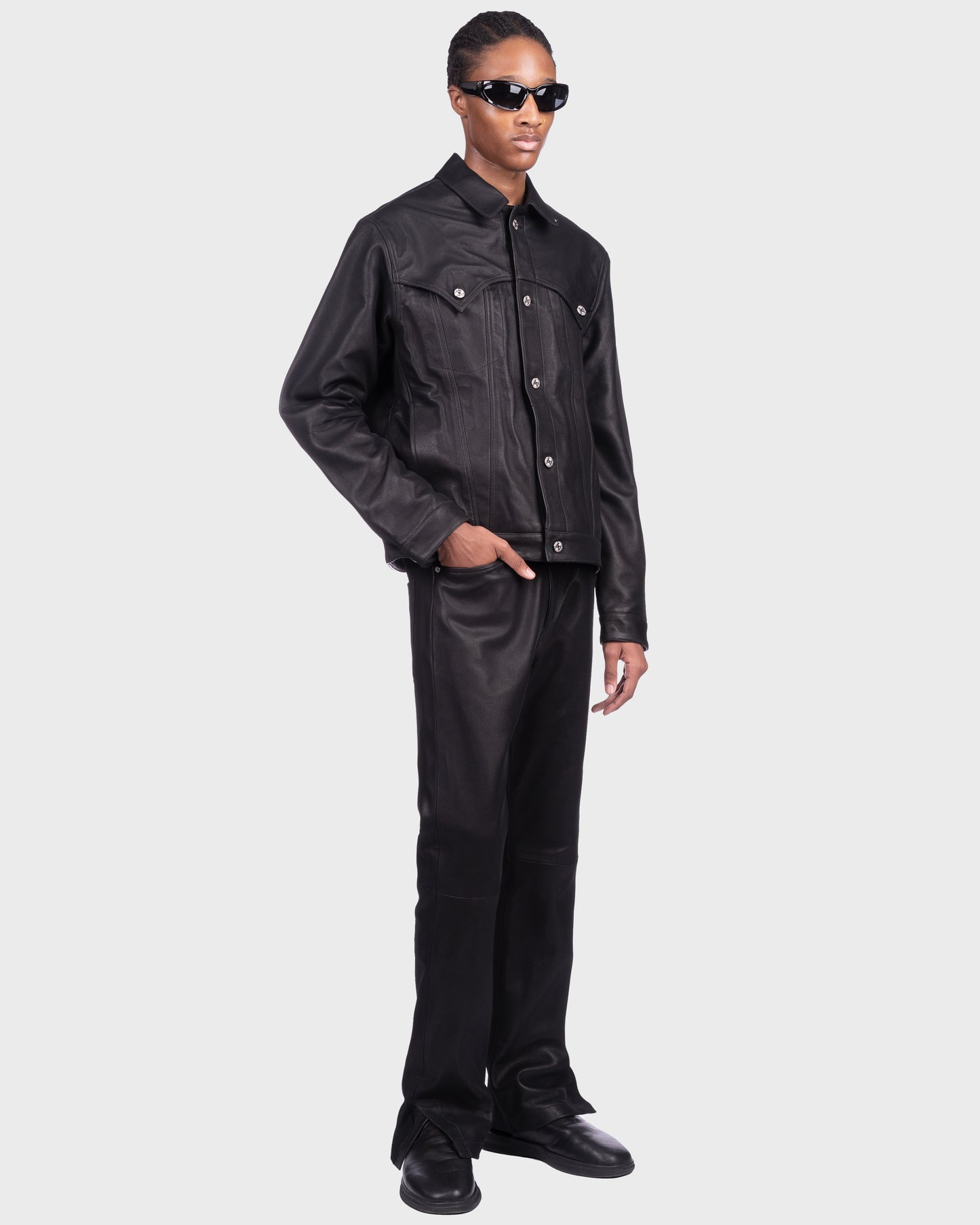 Leather Tulle Trucker Jacket - Black